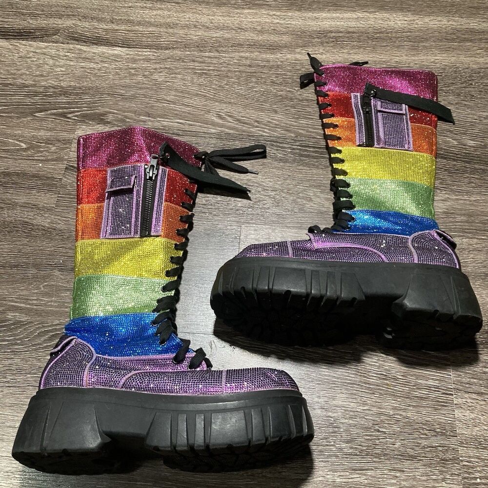 Dolls Kill Club Rainbow Glitter Boots Womens 11 - Picture 2 of 11